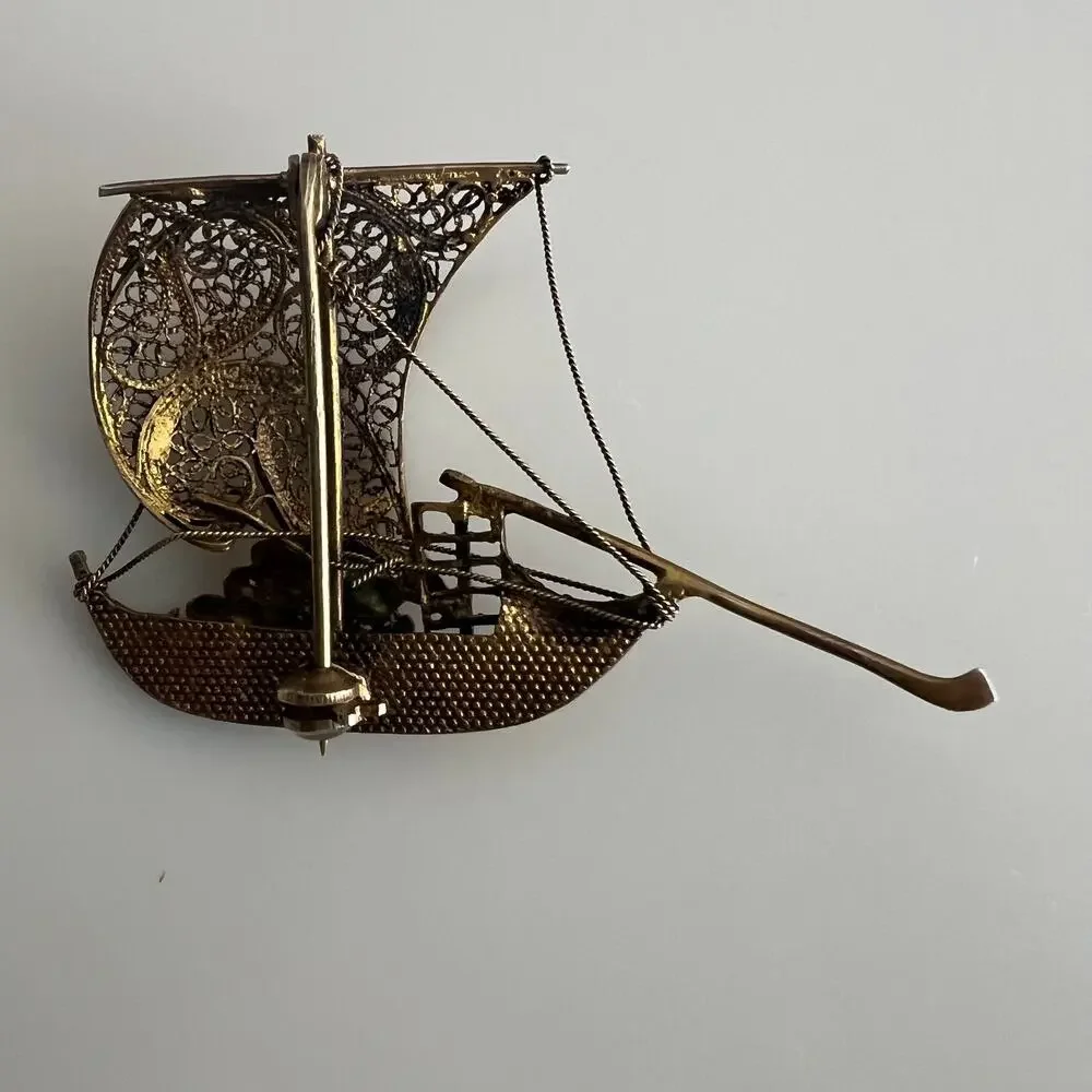 Vintage Gold Tone Filigree Chinese Ship Boat Brooch